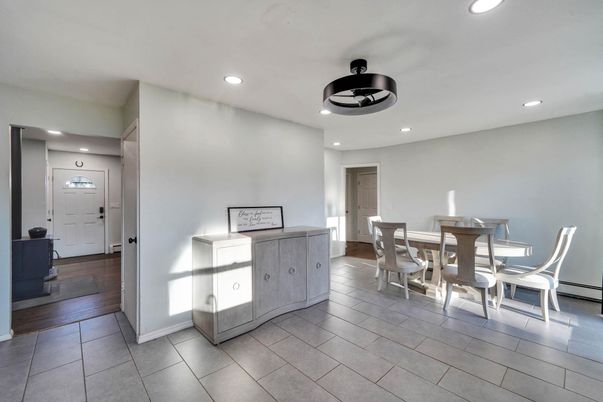 Dining room, Interior, Recessed Lighting, Wood Texture Flooring
