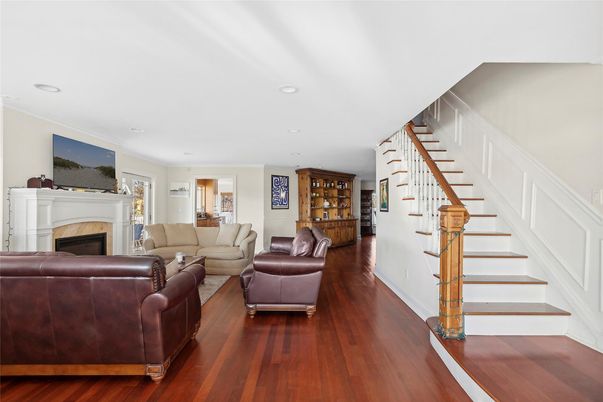 Fireplace, Interior, Living room, Recessed Lighting, Wood Texture Flooring