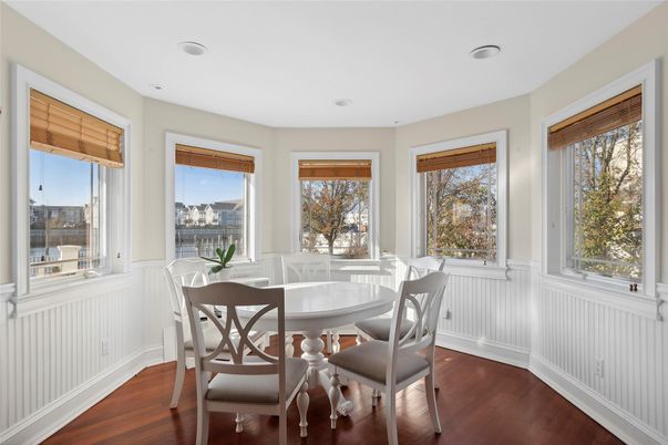 Dining room, Interior, Recessed Lighting, Wood Texture Flooring