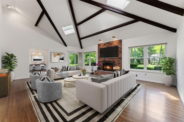 Dining room, Fireplace, Interior, Living room, Recessed Lighting, Stone Walls, Wooden Beams, Wood Texture Flooring