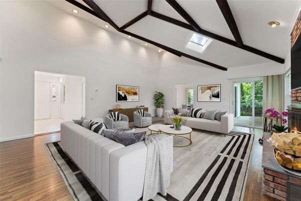 Fireplace, Interior, Living room, Recessed Lighting, Wooden Beams, Wood Texture Flooring