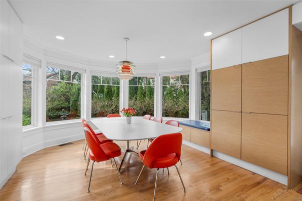 Dining room, Interior, Pendant Lights, Recessed Lighting, Wood Texture Flooring