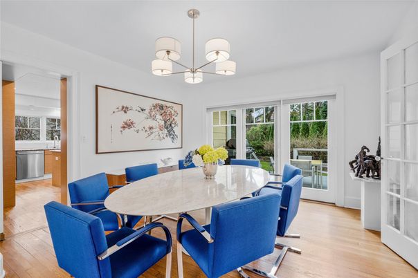 Dining room, Interior, Pendant Lights, Wood Texture Flooring