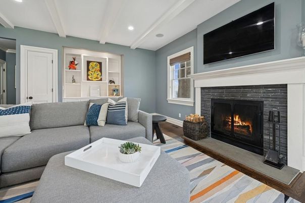 Fireplace, Interior, Living room, Recessed Lighting, Wood Texture Flooring