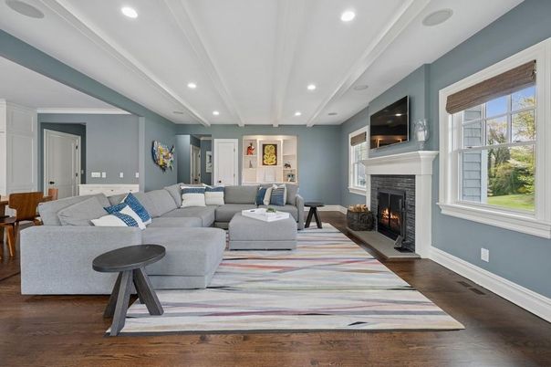 Fireplace, Interior, Living room, Recessed Lighting, Wood Texture Flooring