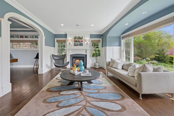 Fireplace, Interior, Living room, Recessed Lighting, Wood Texture Flooring