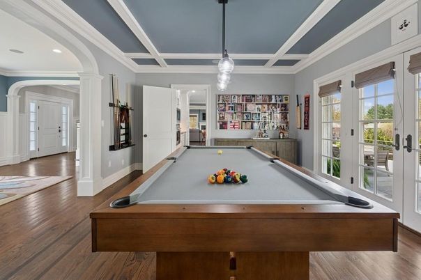 Billiard Table, Game Room, Interior, Pendant Lights, Recessed Lighting, Wood Texture Flooring