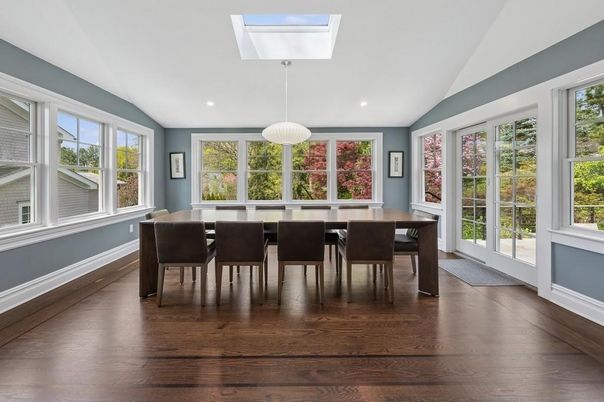 Dining room, Interior, Pendant Lights, Recessed Lighting, Wood Texture Flooring