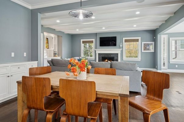 Dining room, Fireplace, Interior, Living room, Recessed Lighting, Wood Texture Flooring