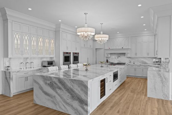 Chandelier, Interior, Kitchen, Marble Walls, Recessed Lighting, Stainless Steel Appliances, Wood Texture Flooring