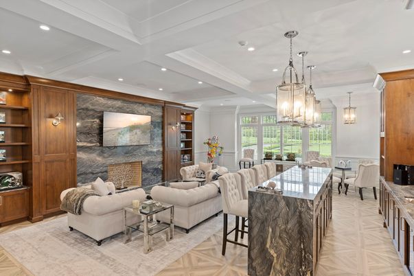 Dining room, Fireplace, Interior, Living room, Pendant Lights, Recessed Lighting, Wood Texture Flooring