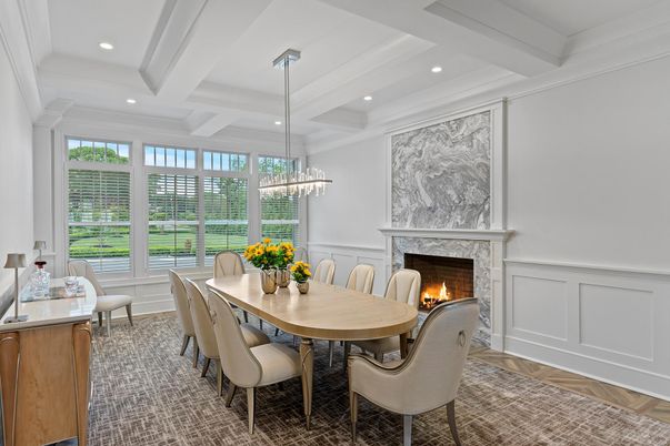 Dining room, Fireplace, Interior, Pendant Lights, Recessed Lighting, Wood Texture Flooring