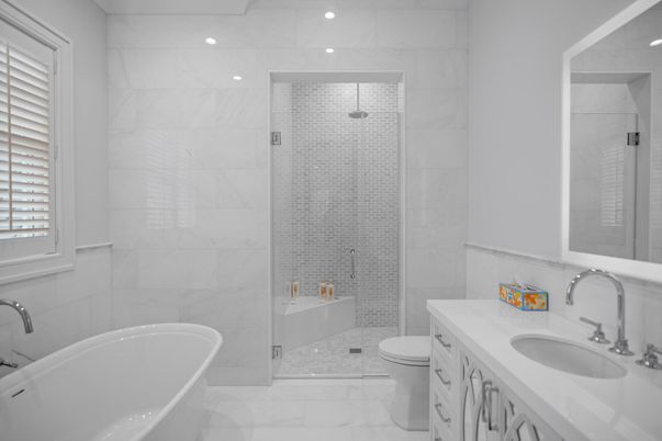 Bathroom, Free Standing Baths, Interior, Marble, Marble Walls, Recessed Lighting