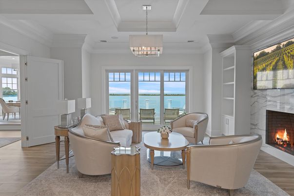 Fireplace, Interior, Living room, Pendant Lights, Water, Wood Texture Flooring