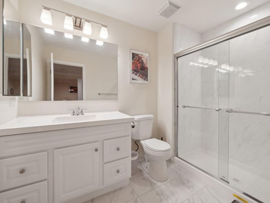 Bathroom, Glass Shower, Interior, Marble, Marble Walls, Recessed Lighting