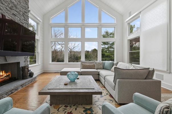 Fireplace, Interior, Living room, Sun Room, Wood Texture Flooring