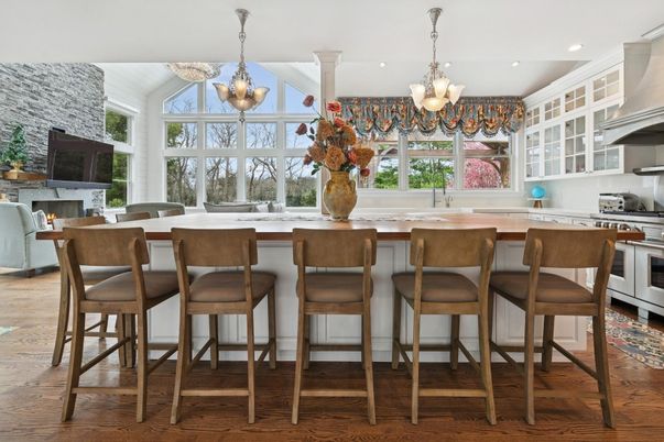 Chandelier, Fireplace, Interior, Kitchen, Pendant Lights, Recessed Lighting, Stainless Steel Appliances, Wood Texture Flooring