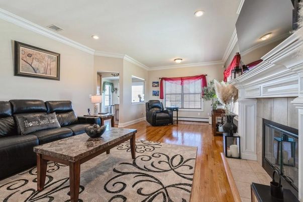 Fireplace, Interior, Living room, Recessed Lighting, Wood Texture Flooring