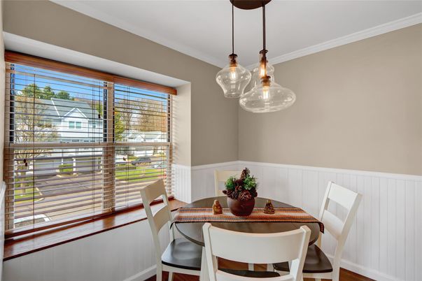Dining room, Interior, Pendant Lights, Wood Texture Flooring