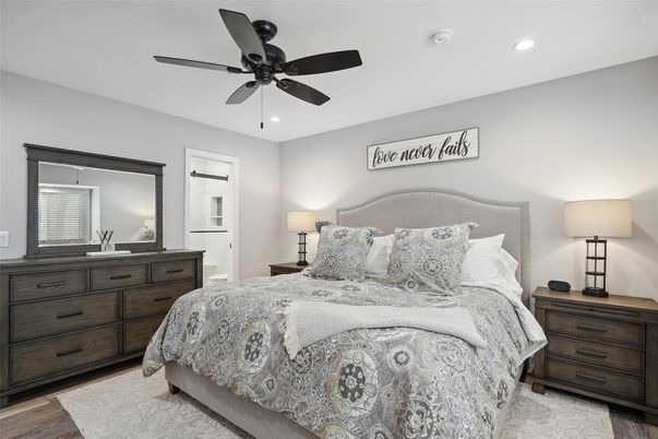 Bedroom, Interior, Recessed Lighting, Wood Texture Flooring