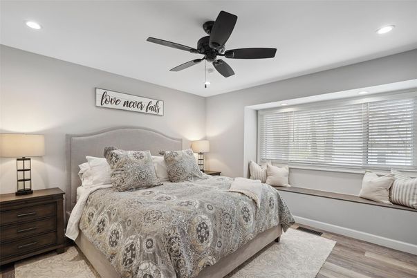 Bedroom, Interior, Recessed Lighting, Wood Texture Flooring