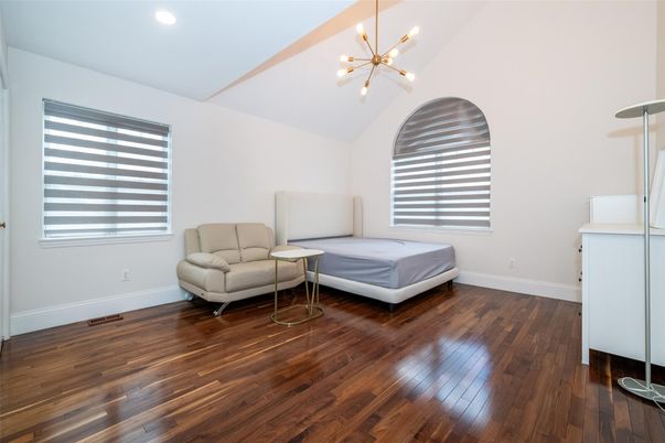 Bedroom, Interior, Pendant Lights, Recessed Lighting, Wood Texture Flooring