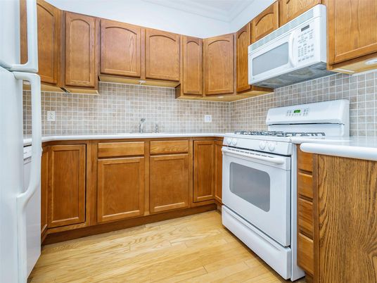 Interior, Kitchen, Tile Countertops, Wood Texture Flooring