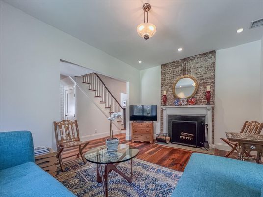 Fireplace, Interior, Pendant Lights, Recessed Lighting, Stone Walls, Wood Texture Flooring