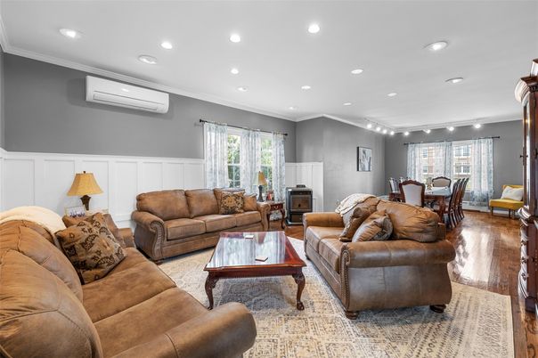 Dining room, Interior, Living room, Recessed Lighting, Wood Texture Flooring