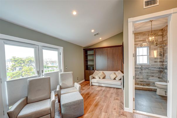 Bathroom, Glass Shower, Interior, Pendant Lights, Recessed Lighting, Wood Texture Flooring