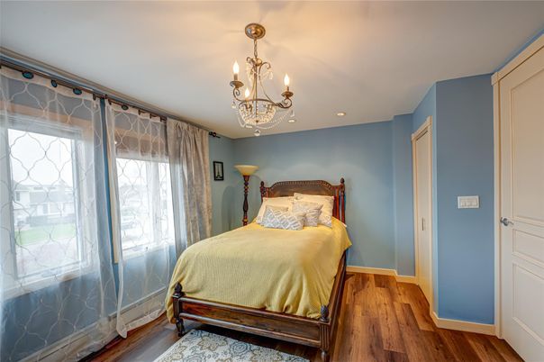 Bedroom, Chandelier, Interior, Recessed Lighting, Wood Texture Flooring