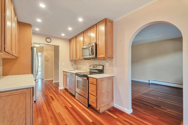 Interior, Kitchen, Recessed Lighting, Stainless Steel Appliances, Wood Texture Flooring