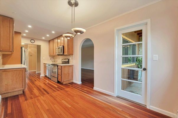 Interior, Kitchen, Pendant Lights, Recessed Lighting, Stainless Steel Appliances, Wood Texture Flooring
