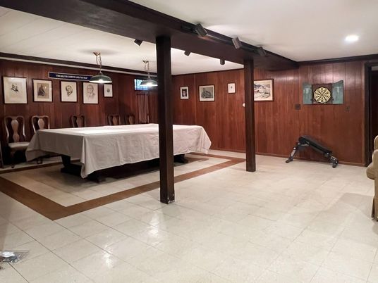 Billiard Table, Game Room, Interior, Recessed Lighting, Wooden Walls