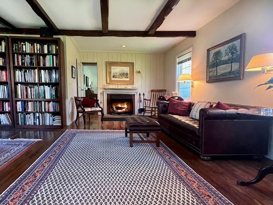 Fireplace, Interior, Living room, Recessed Lighting, Wooden Beams, Wood Texture Flooring