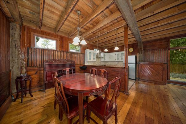 Dining room, Interior, Kitchen, Pendant Lights, Piano, Wooden Beams, Wooden Ceilings, Wood Texture Flooring, Wooden Walls