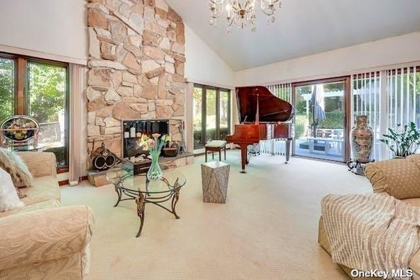 Chandelier, Fireplace, Interior, Living room, Piano, Stone Walls