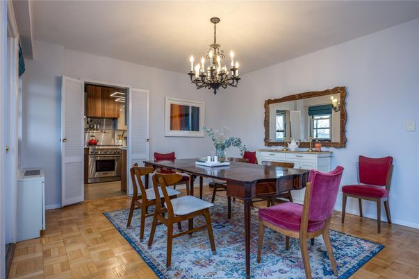 Chandelier, Dining room, Interior, Kitchen, Stainless Steel Appliances, Wood Texture Flooring