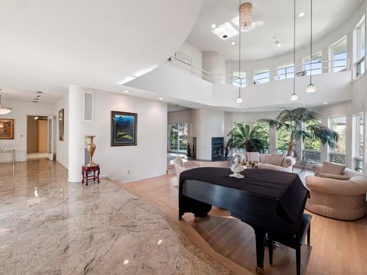 Dining room, Interior, Living room, Pendant Lights, Piano, Recessed Lighting, Wood Texture Flooring