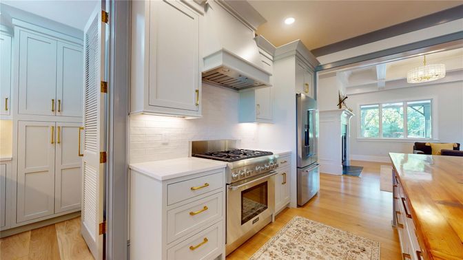 Chandelier, Interior, Kitchen, Recessed Lighting, Stainless Steel Appliances, Wood Texture Flooring