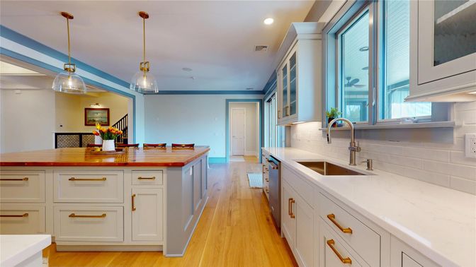 Interior, Kitchen, Pendant Lights, Recessed Lighting, Wood Texture Flooring
