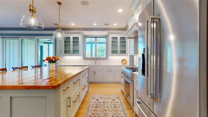 Interior, Kitchen, Pendant Lights, Recessed Lighting, Stainless Steel Appliances, Wood Texture Flooring