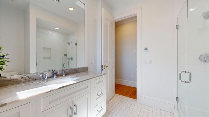 Bathroom, Glass Shower, Interior, Recessed Lighting, Wood Texture Flooring