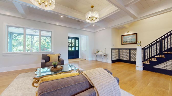 Chandelier, Interior, Living room, Recessed Lighting, Wood Texture Flooring