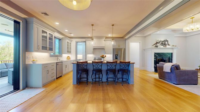 Fireplace, Interior, Kitchen, Pendant Lights, Recessed Lighting, Stainless Steel Appliances, Wood Texture Flooring