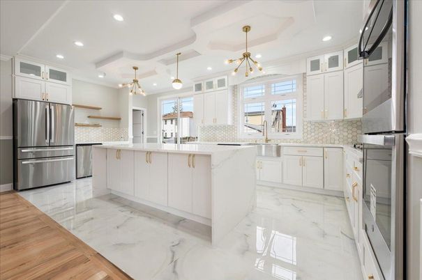 Interior, Kitchen, Marble, Pendant Lights, Recessed Lighting, Stainless Steel Appliances