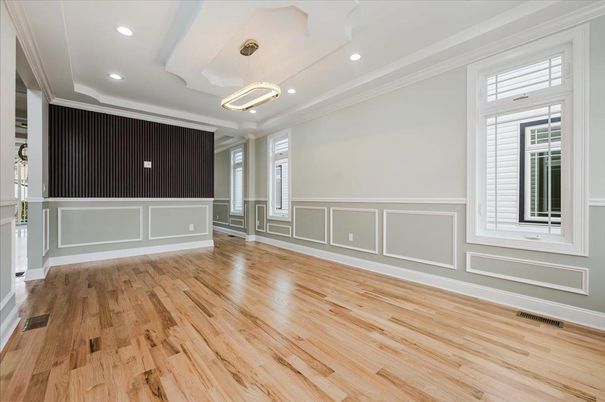 Empty room, Interior, Pendant Lights, Recessed Lighting, Wood Texture Flooring