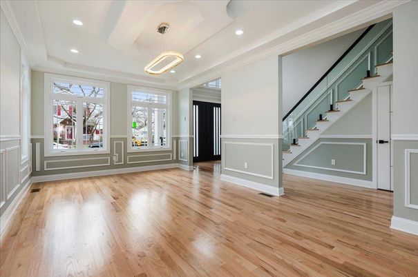 Empty room, Interior, Pendant Lights, Recessed Lighting, Wood Texture Flooring