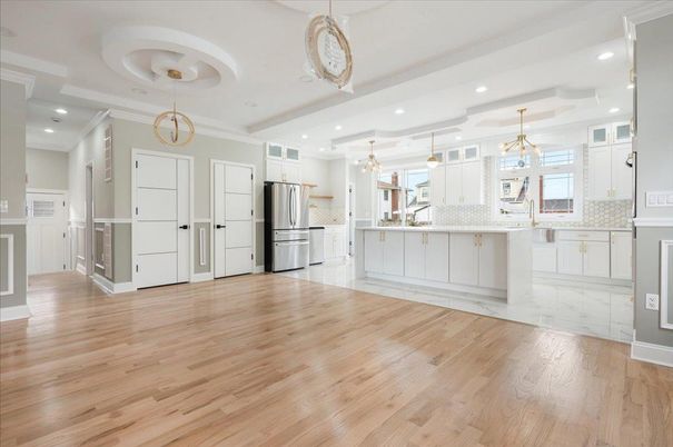 Interior, Kitchen, Pendant Lights, Recessed Lighting, Stainless Steel Appliances, Wood Texture Flooring