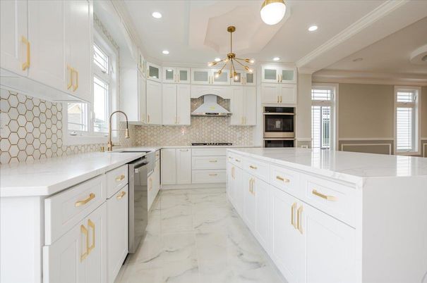 Interior, Kitchen, Marble, Pendant Lights, Recessed Lighting, Stainless Steel Appliances